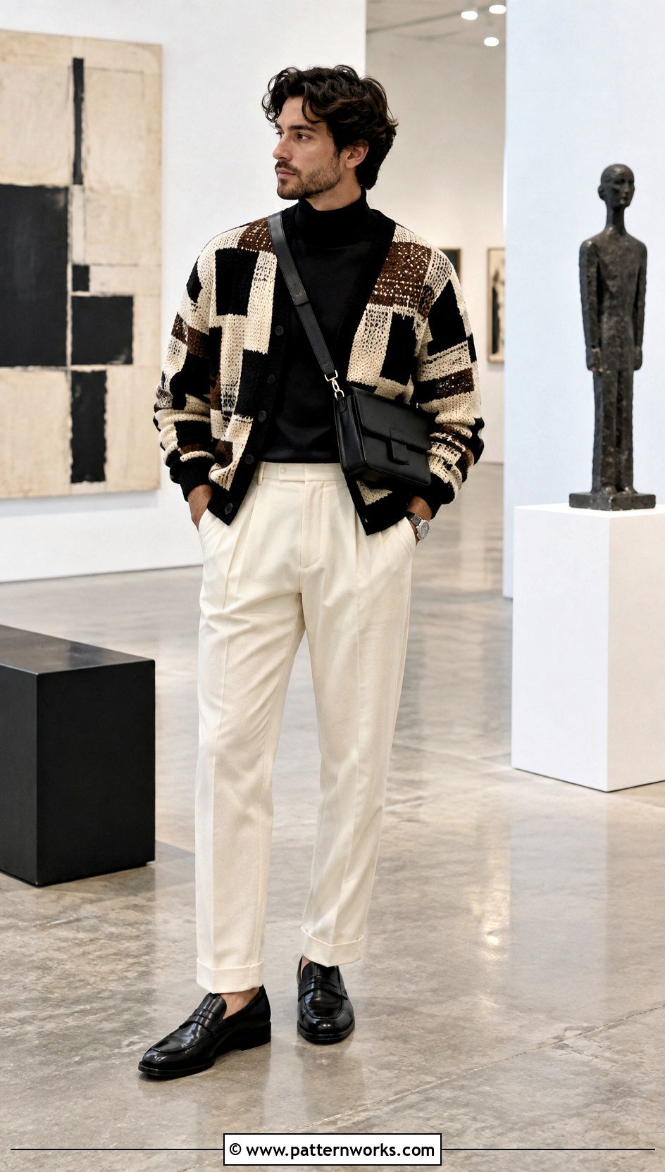 Geometric Crochet Cardigan With Pleated Trousers - 30 crochet man cardigan outfit ideas