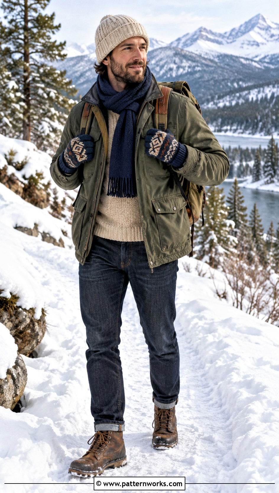 Geometric Crochet Mittens With Winter Field Jacket - 24 Crochet Mens Mittens outfit ideas