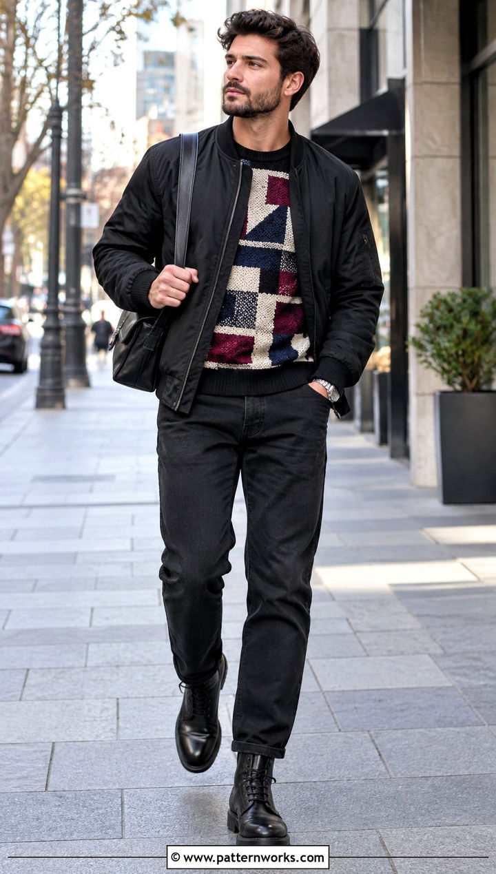 Geometric Tunisian Sweater With Black Jeans - 18 Tunisian Crochet Mens Sweater outfit ideas