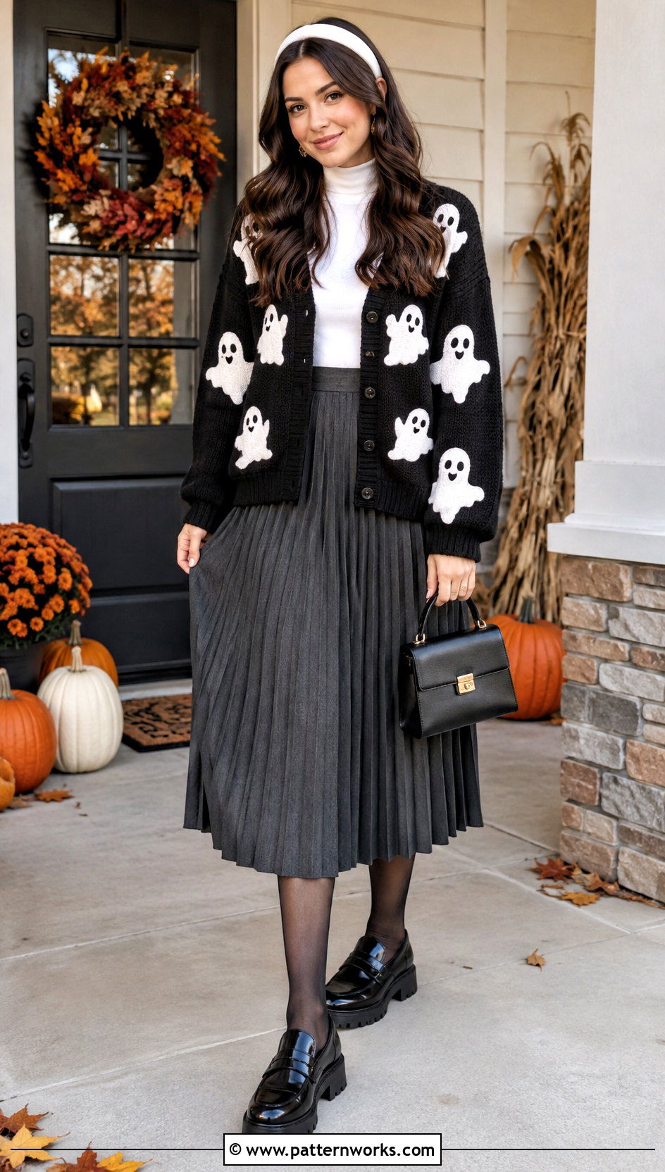 Ghost Crochet Cardigan Outfit With Pleated Skirt - 24 halloween crochet cardigan outfit ideas