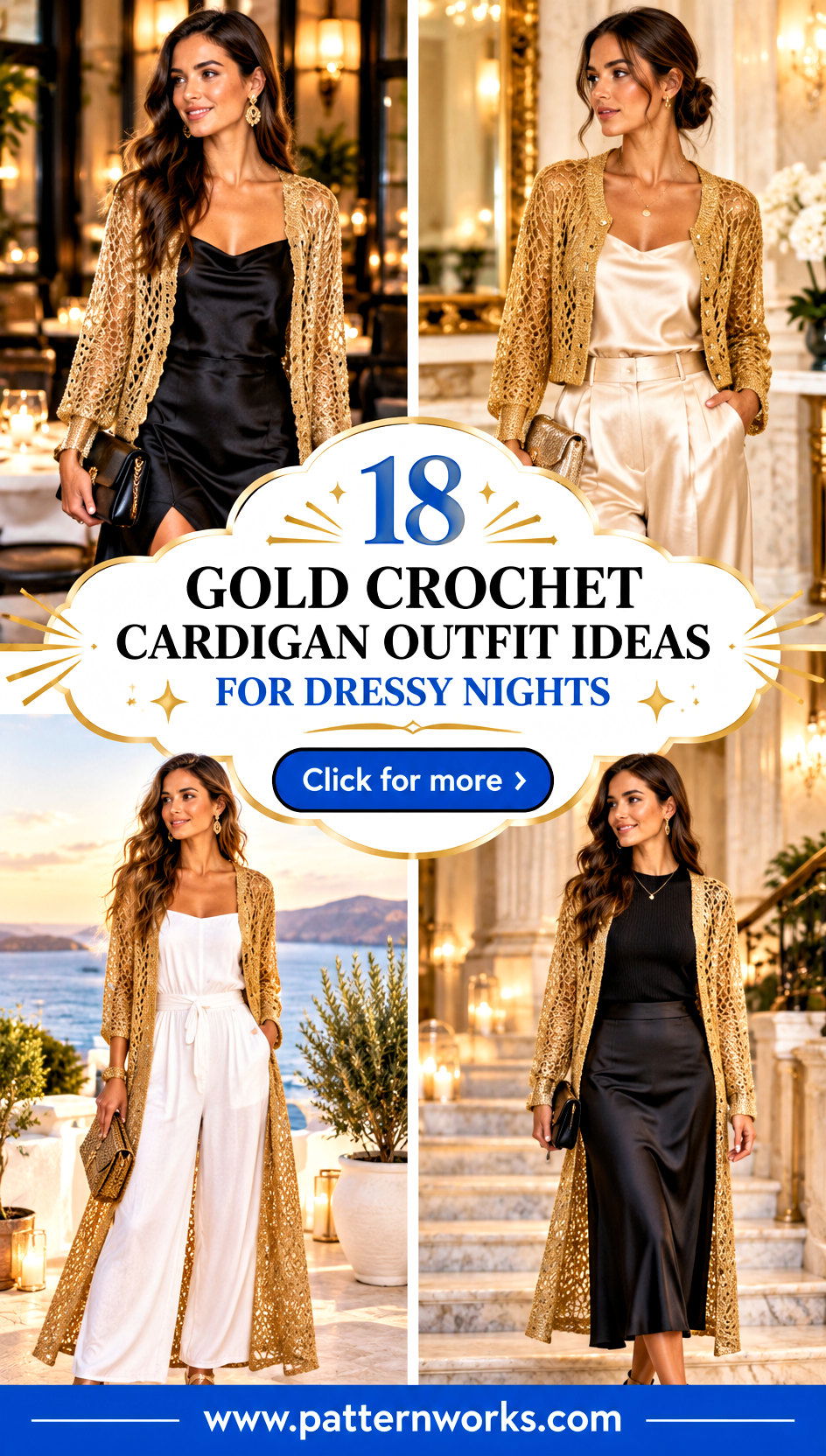 18 Gold Crochet Cardigan Outfit Ideas for Dressy Nights - 18 Gold Crochet Cardigan Outfit Ideas for Dressy Nights
