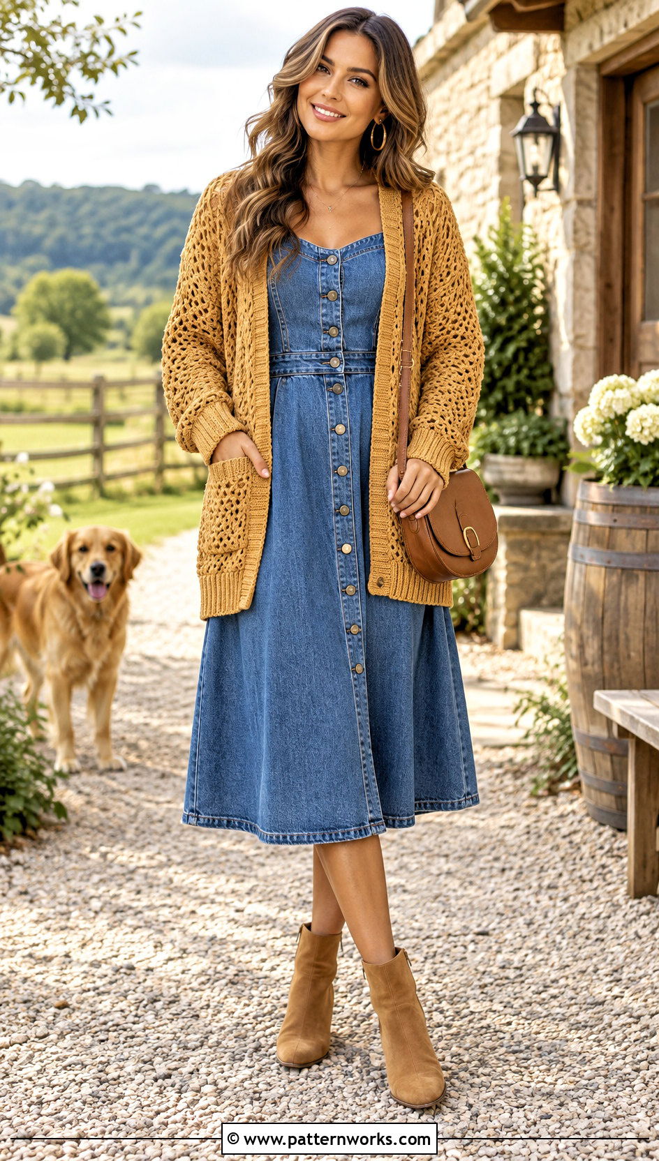 Gold Crochet Taylor Swift Cardigan With Denim Dress - 30 crochet taylor swift cardigan outfit ideas