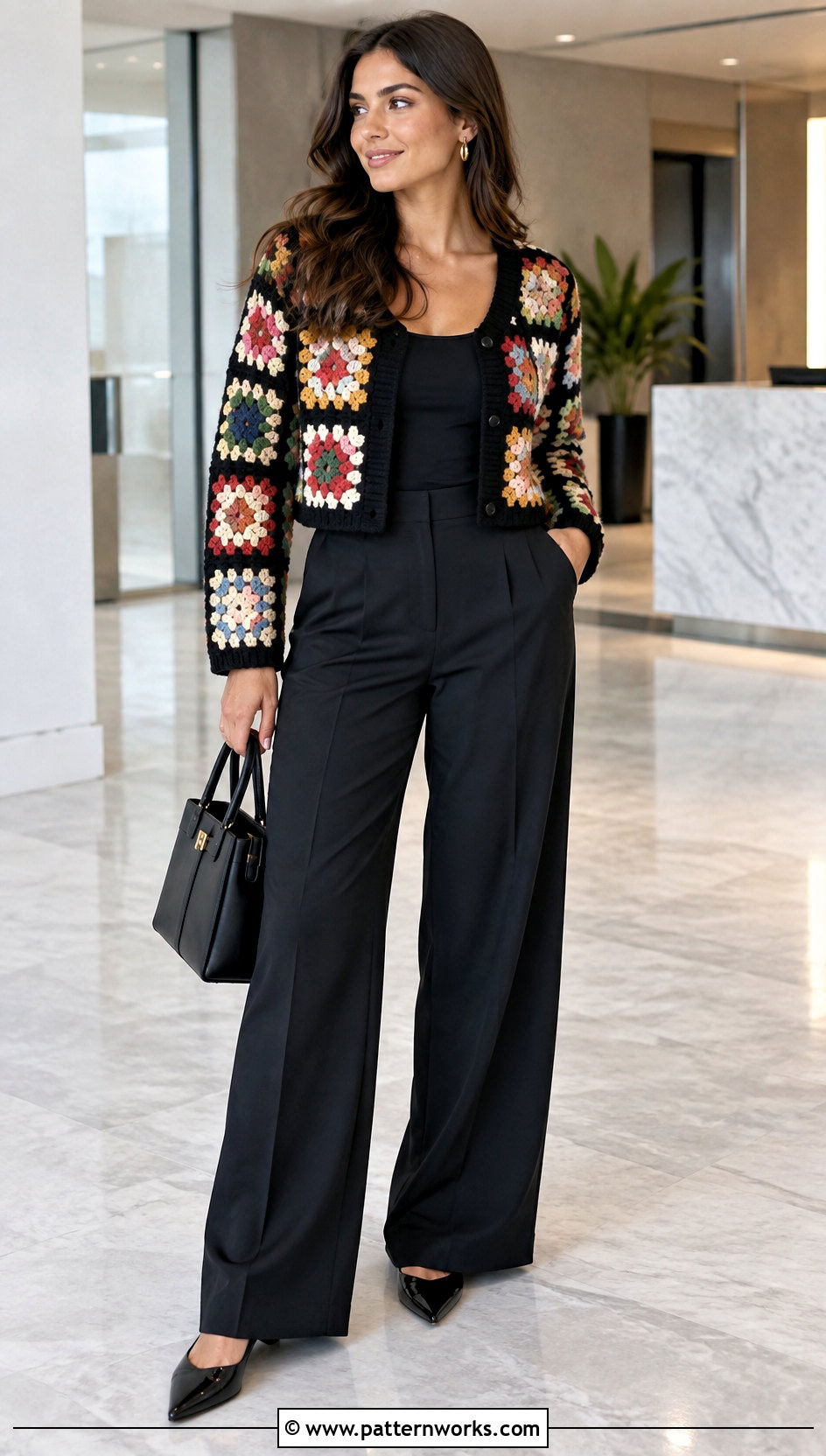 Granny Crochet Sweater With Black Trousers - 24 granny crochet sweater outfit ideas
