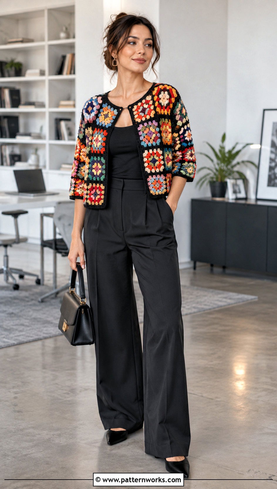Granny Square Blouse With Black Tailored Pants - 30 Granny Square Blouse outfit ideas