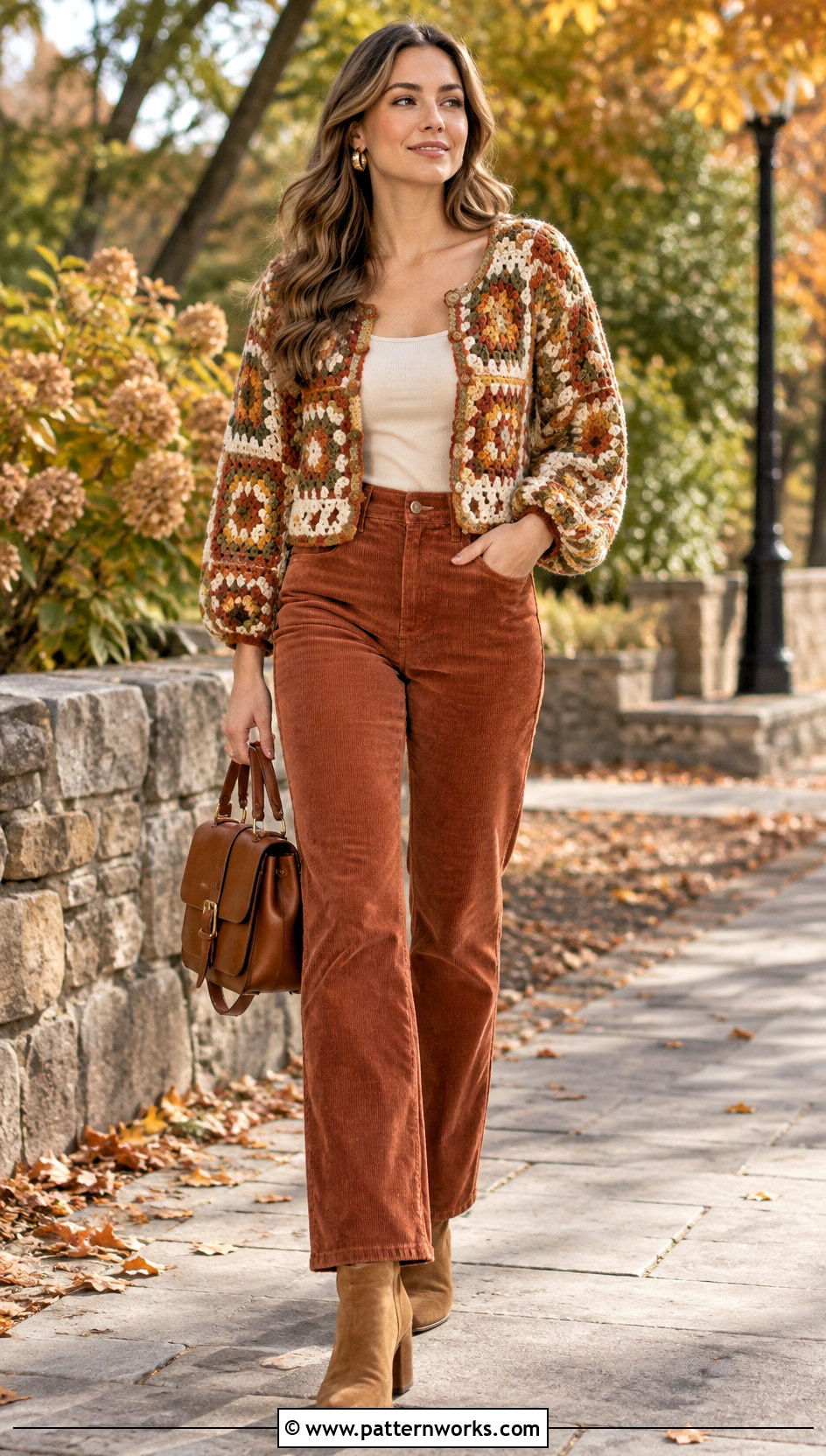 Granny Square Blouse With Corduroy Pants - 30 Granny Square Blouse outfit ideas