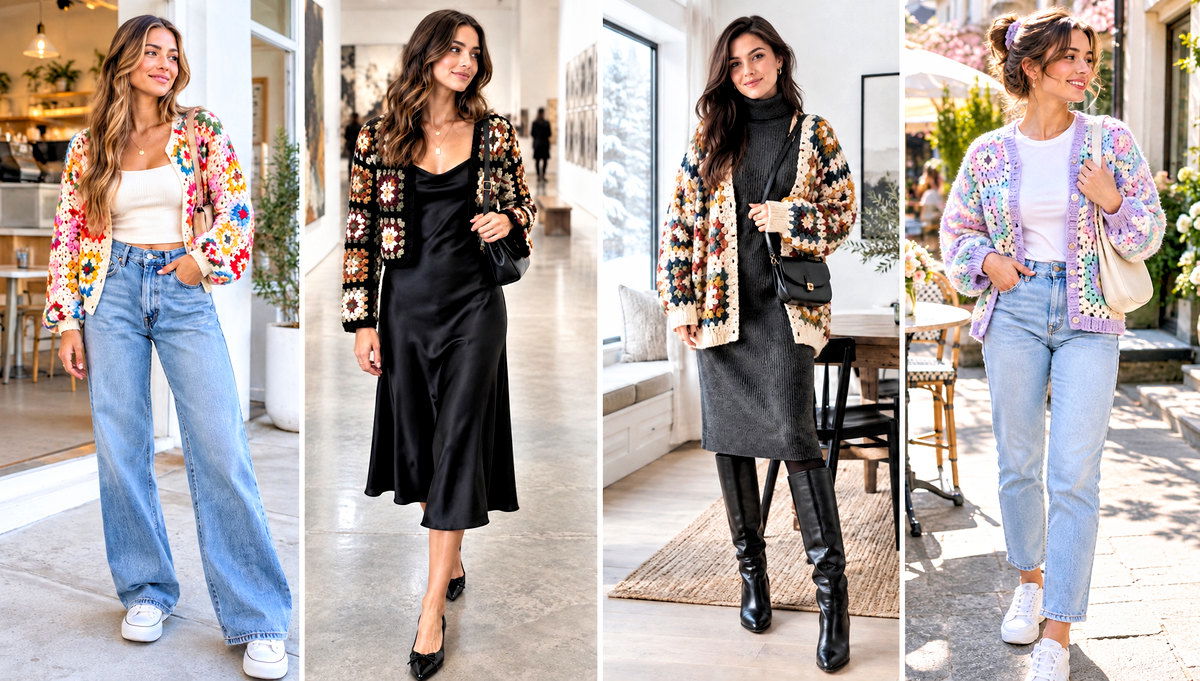 24 Granny Square Cardigan Outfit Ideas for Vintage Style