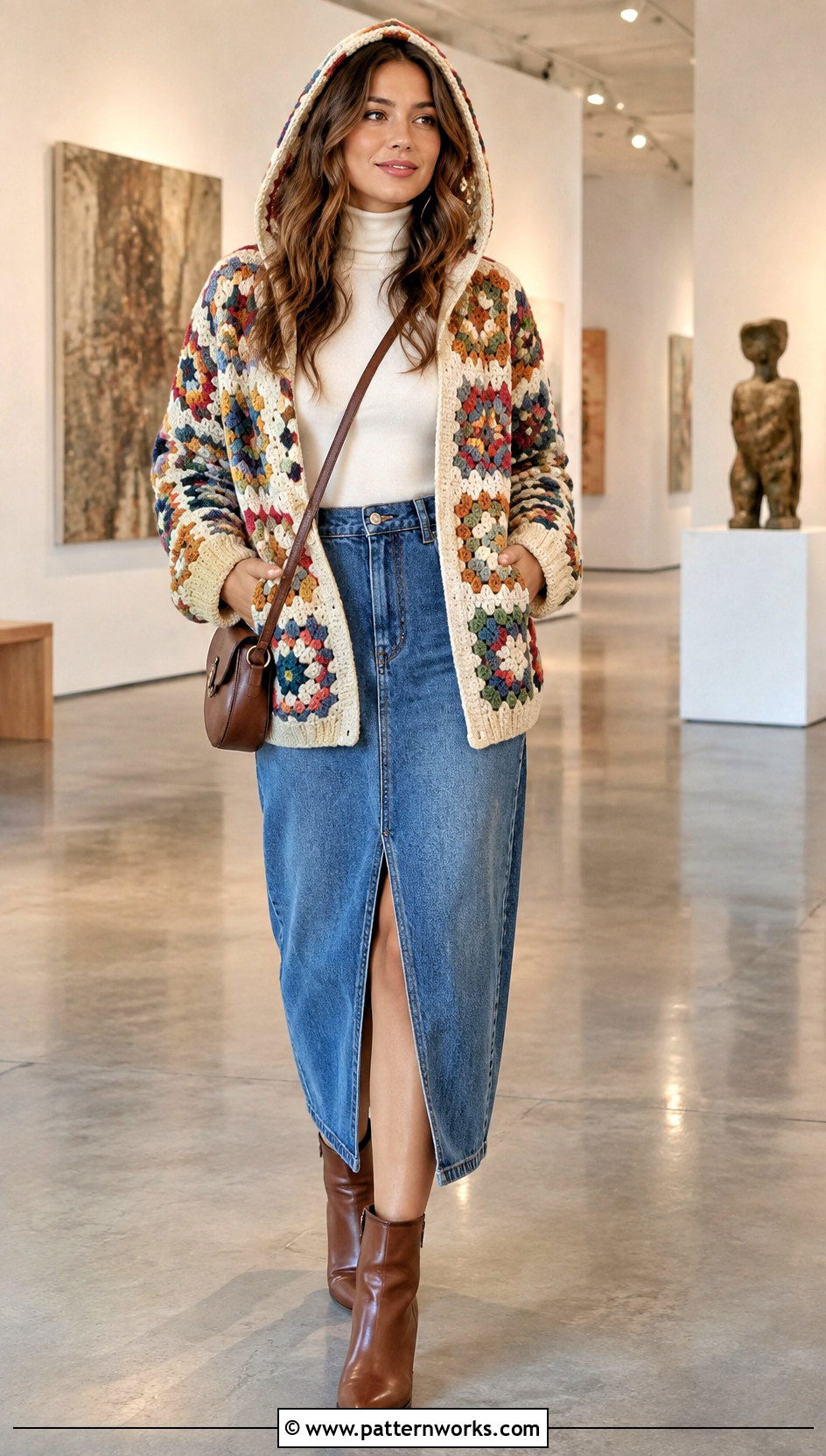 Granny Square Cardigan With Hood And Denim Midi Skirt Outfit - 24 granny square cardigan with hood outfit ideas