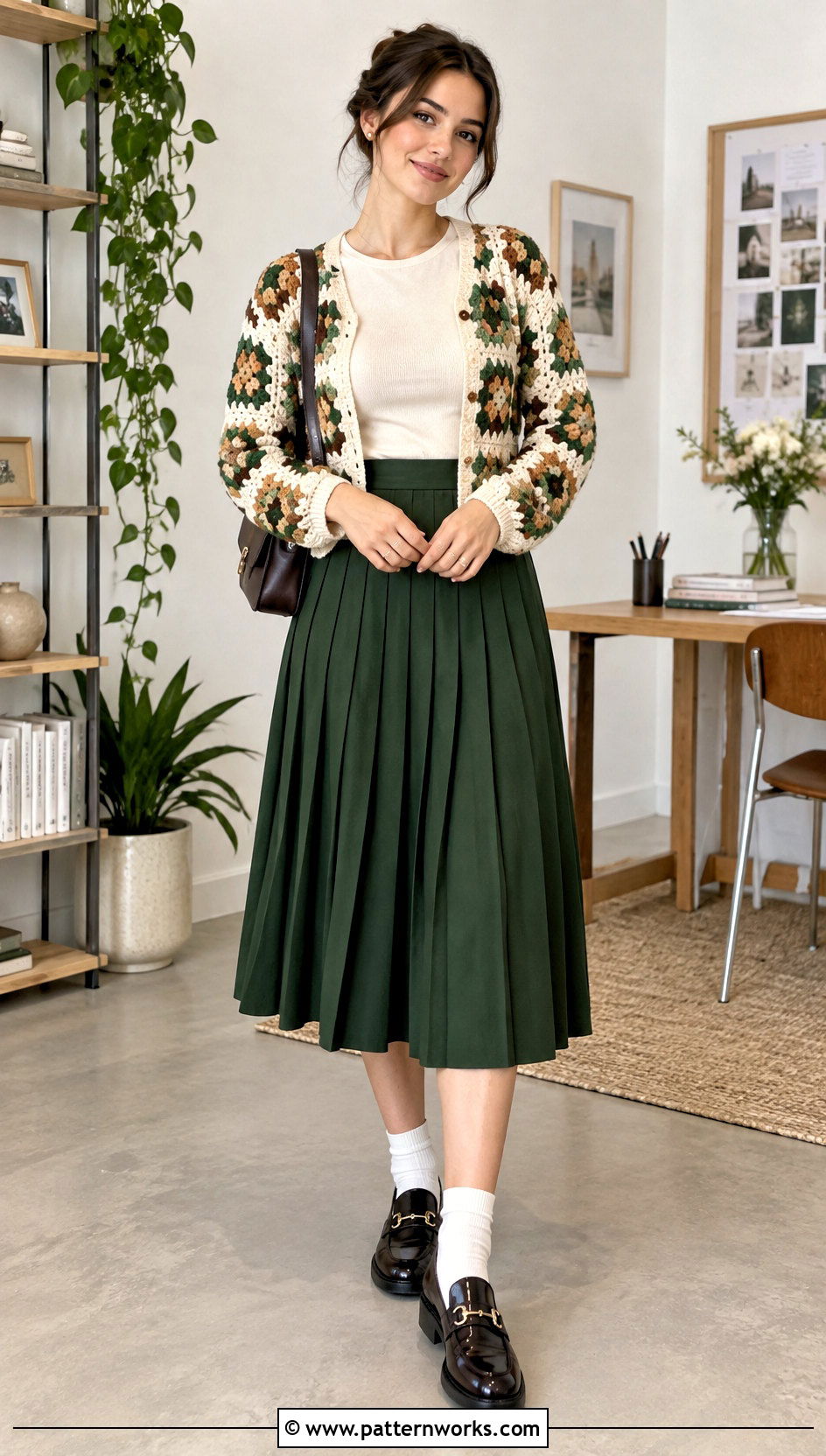 Granny Square Cardigan With Pleated Midi Skirt - 30 granny squares cardigan outfit ideas