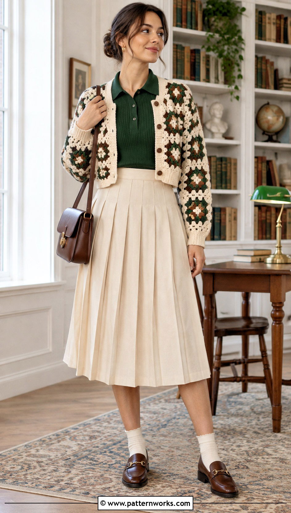 Granny Square Cardigan With Pleated Skirt And Polo Top - 18 Everyday Granny Square Cardigan outfit ideas