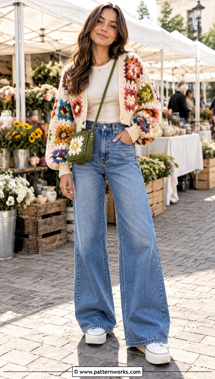 Granny Square Chunky Cropped Cardigan With Wide Leg Jeans - 18 Crochet Chunky Cropped Cardigan outfit ideas