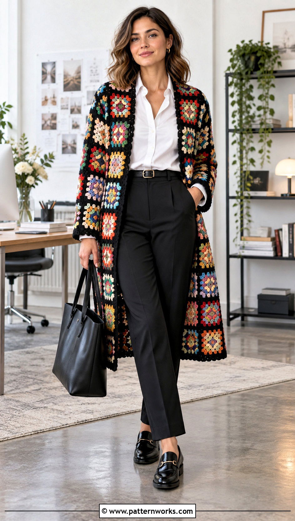 Granny Square Coat With White Shirt And Trousers - 24 granny square coat outfit ideas