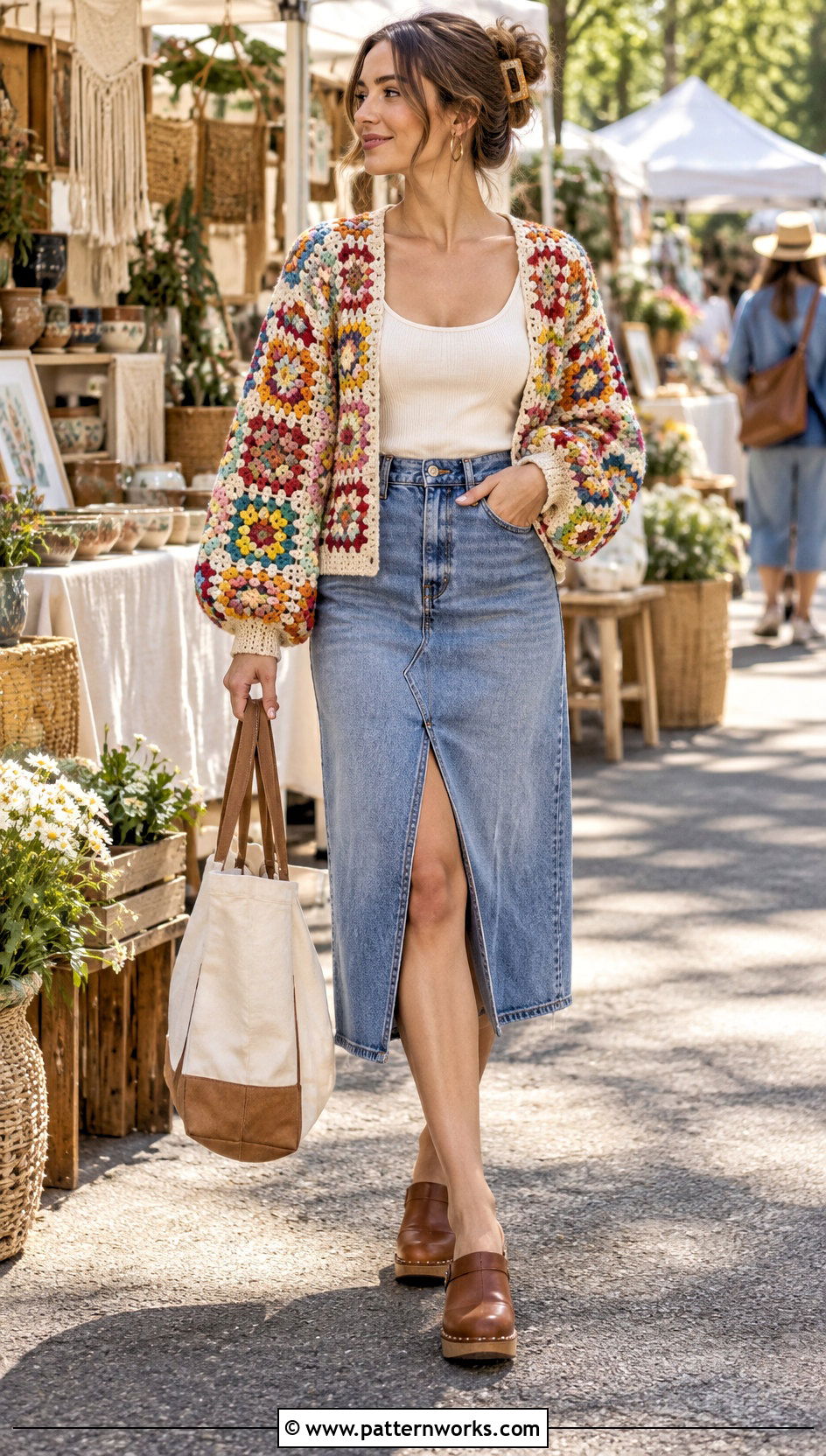 Granny Square Crochet Balloon Sleeve Cardigan With Denim Skirt - 24 crochet balloon sleeve cardigan outfit ideas