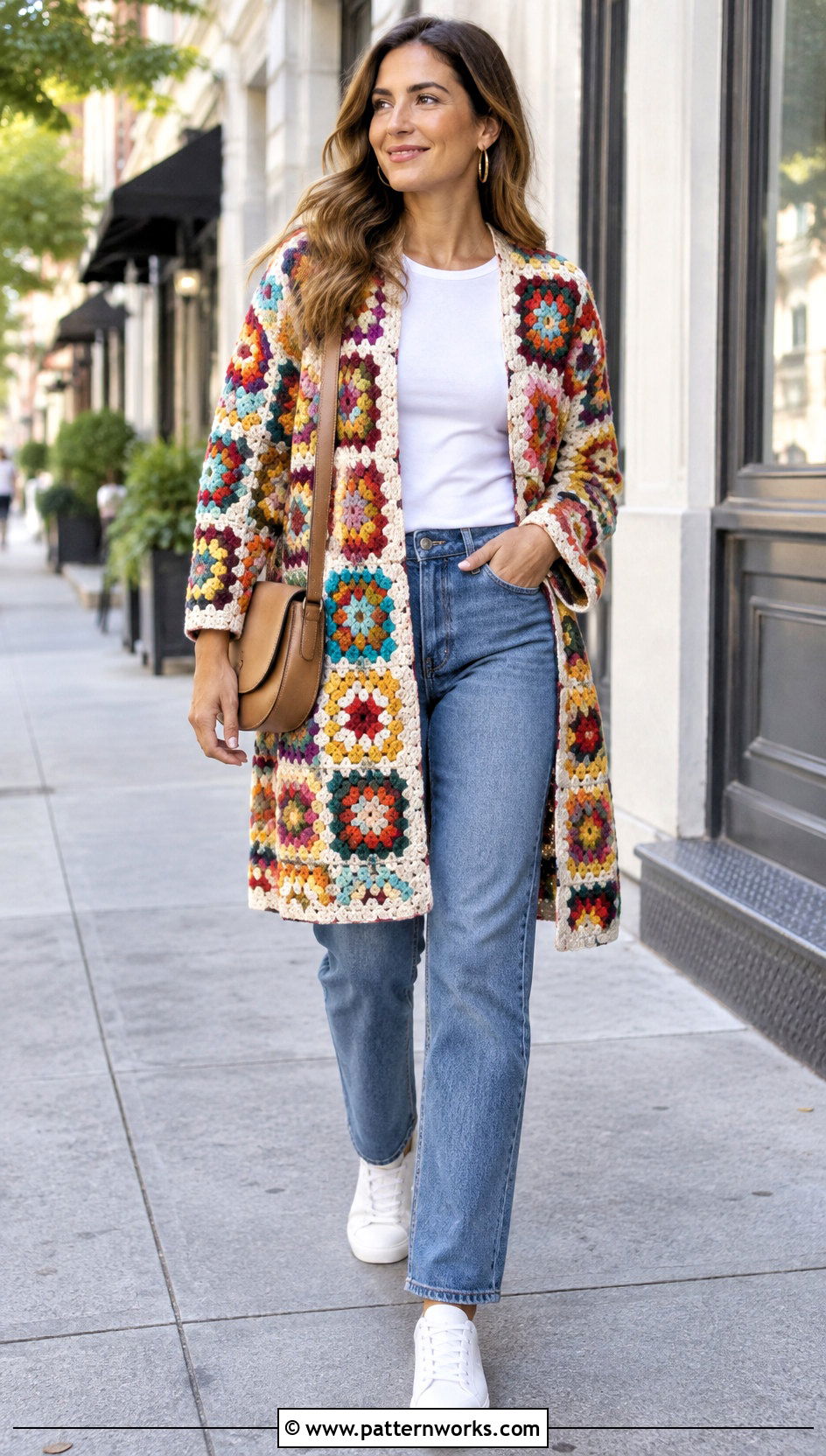 Granny Square Crochet Coat With Jeans - 24 women crochet coat outfit ideas