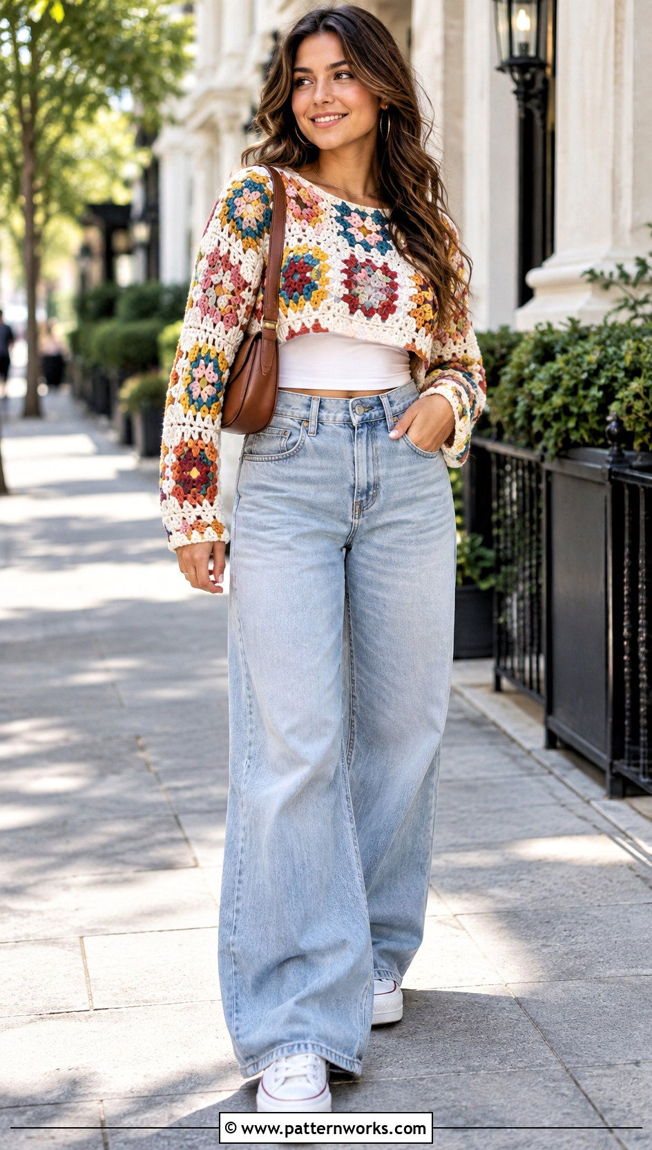 Granny Square Crochet Crop Sweater With Wide Leg Jeans - 30 crochet crop sweater outfit ideas