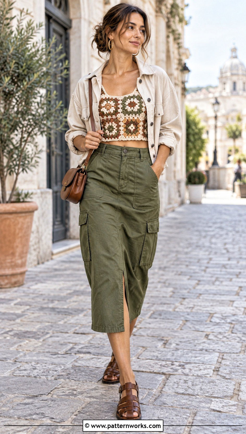 Granny Square Crochet Crop Top With A Utility Skirt - 30 granny square crochet crop top outfit ideas
