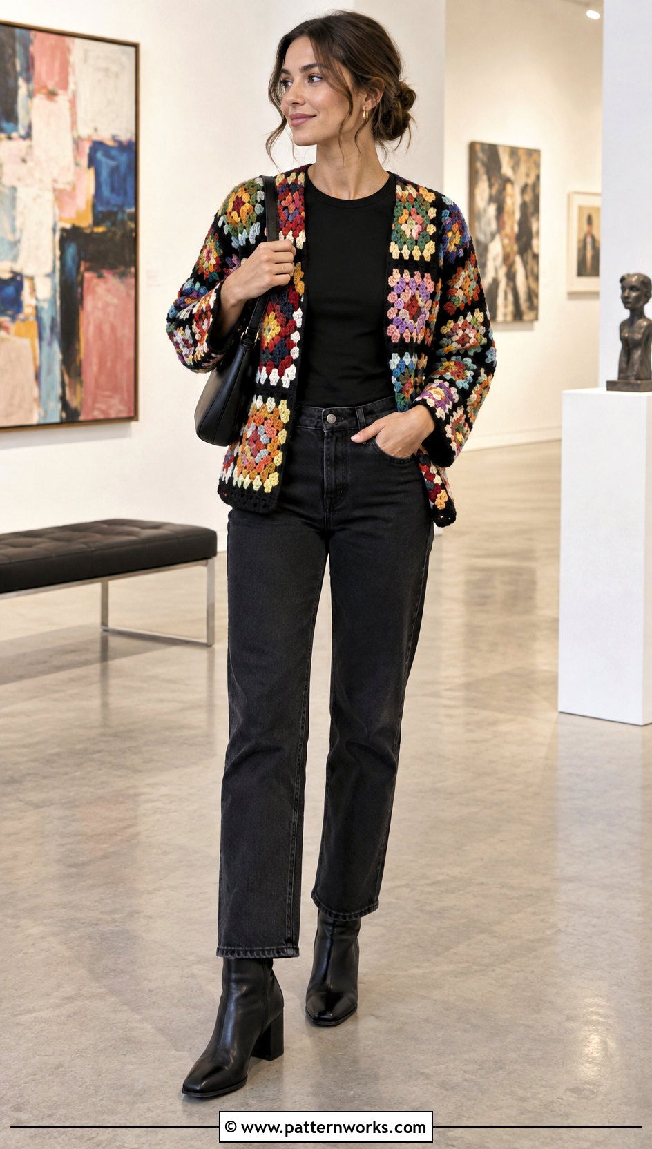Granny Square Crochet Jacket With Black Jeans - 30 crochet jacket outfit ideas