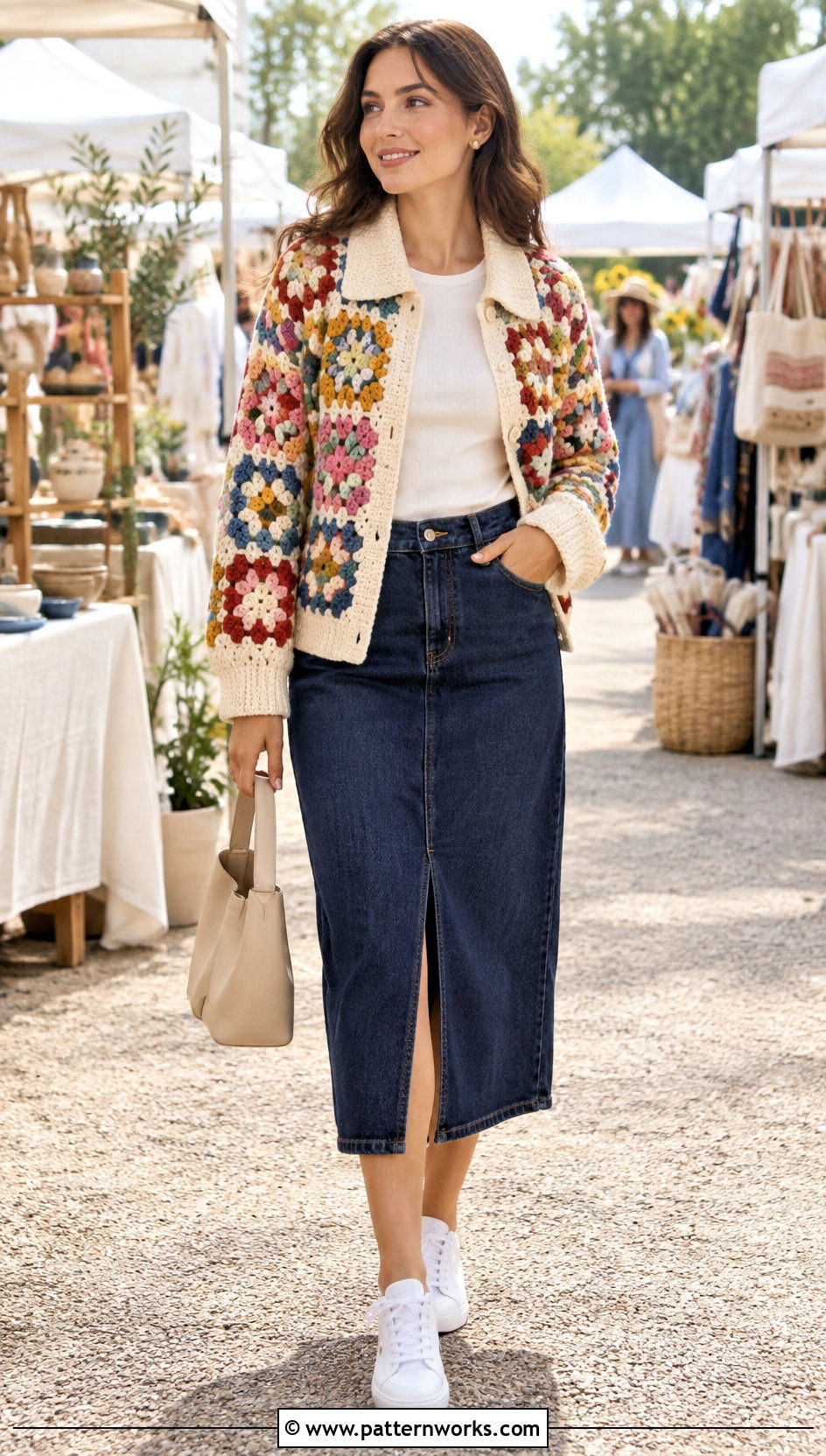 Granny Square Crochet Jacket With Collar And Denim Midi Skirt - 24 Crochet Jacket With Collar outfit ideas