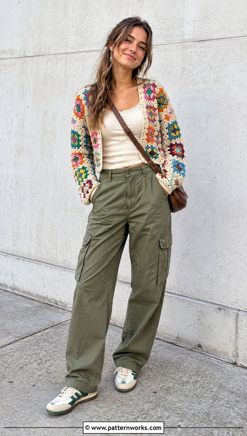 Granny Square Crochet Long Sleeve Top With Cargo Pants - 30 crochet long sleeve top outfit ideas