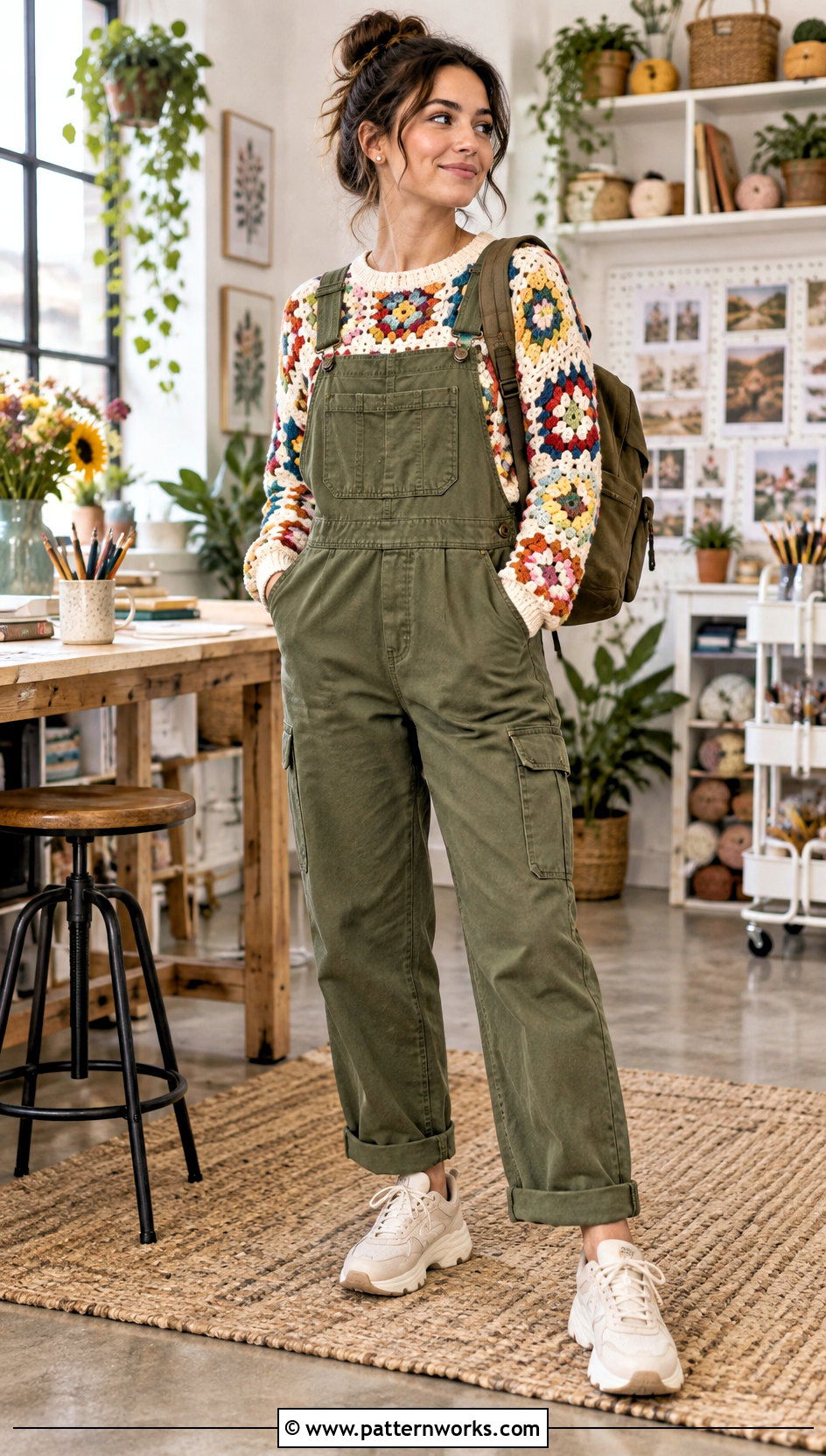 Granny Square Crochet Long Sleeve Top With Utility Jumpsuit - 24 Granny Square Crochet Long Sleeve Top outfit ideas
