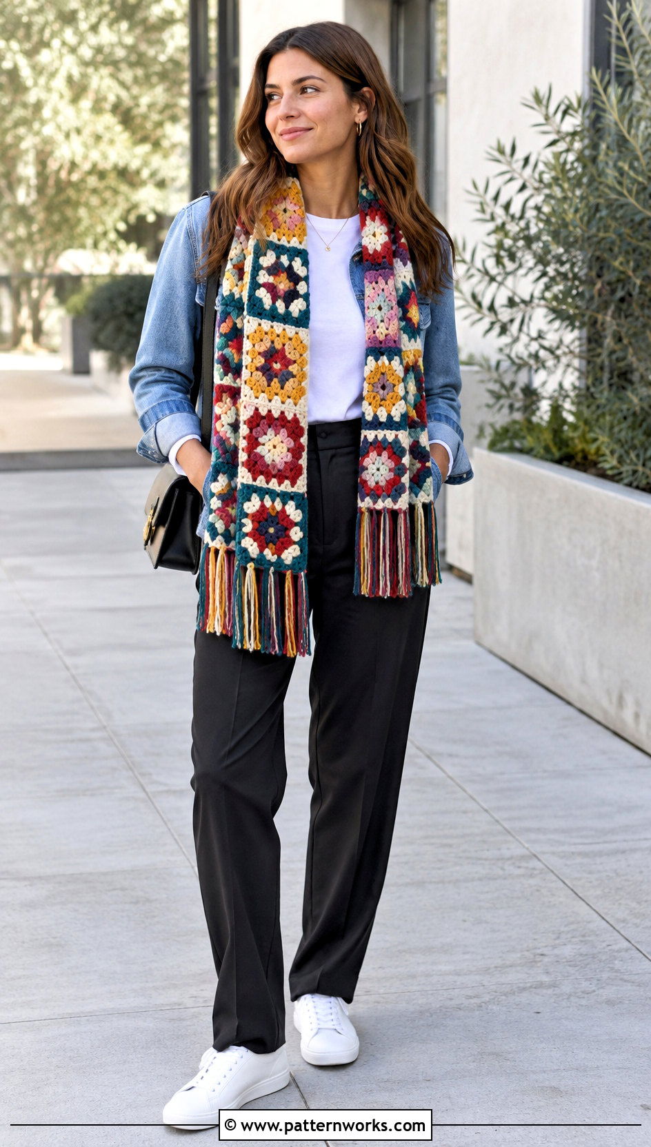 Granny Square Crochet Mantle Scarf With Denim Jacket - 18 Crochet Mantle Scarf outfit ideas