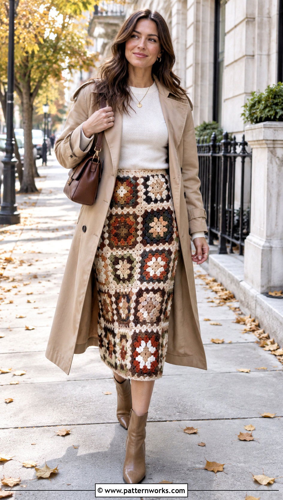 Granny Square Crochet Midi Skirt With Trench Coat - 30 granny square crochet skirt outfit ideas