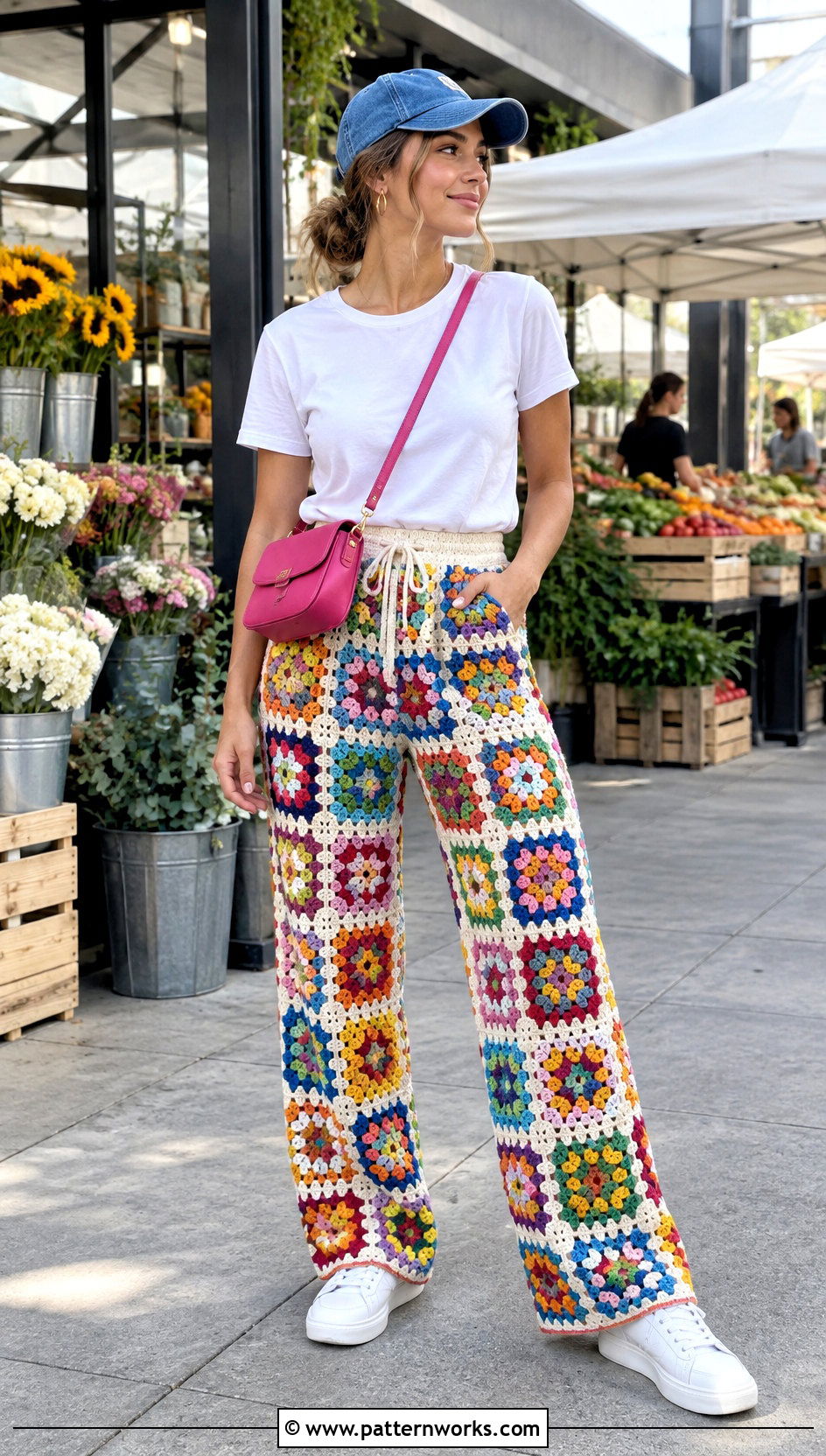 Granny Square Crochet Pants Outfit With White T Shirt - 24 women crocheted pants outfit ideas