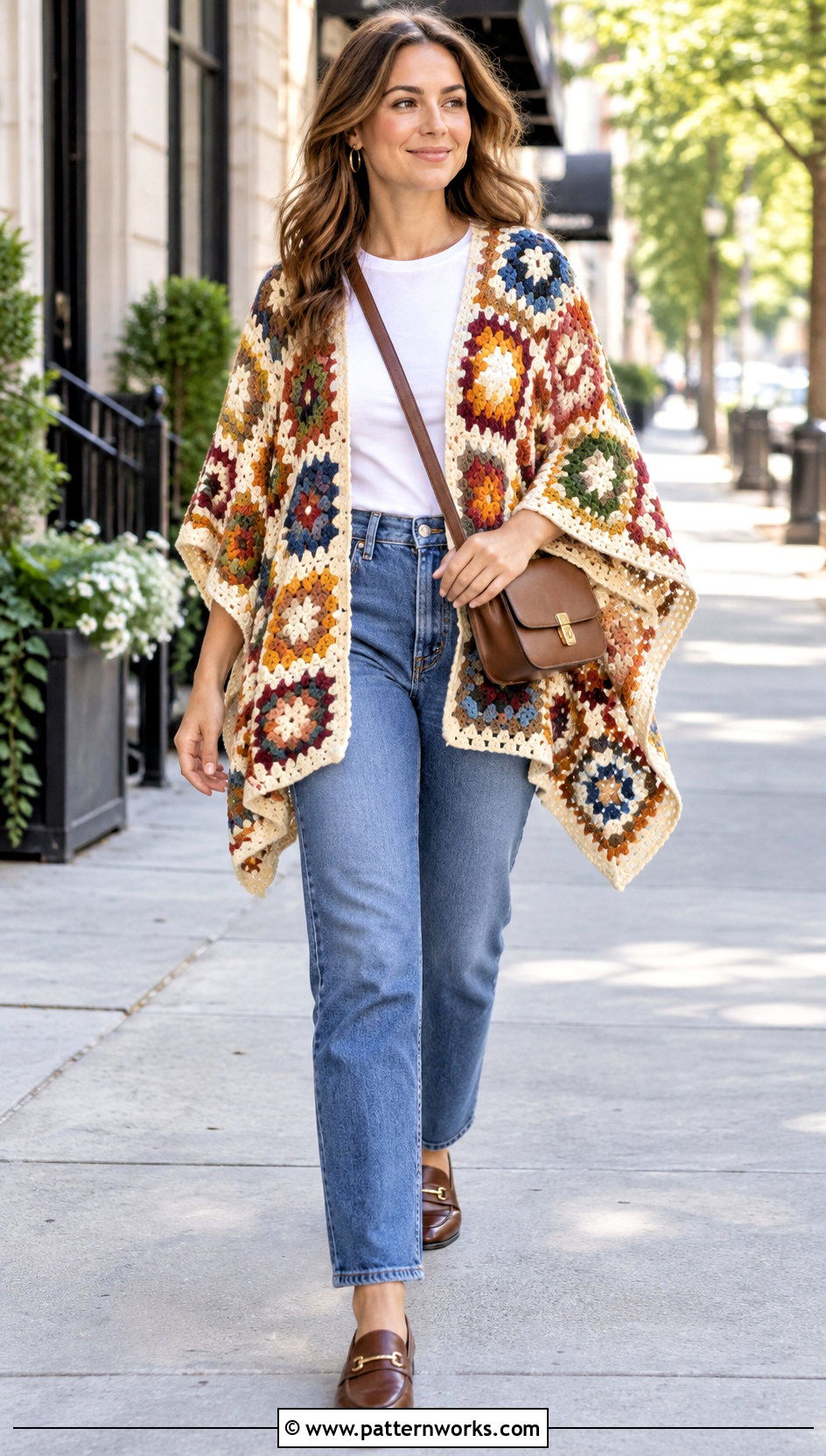 Granny Square Crochet Poncho Shawl With Straight Leg Jeans - 18 crochet poncho shawl outfit ideas