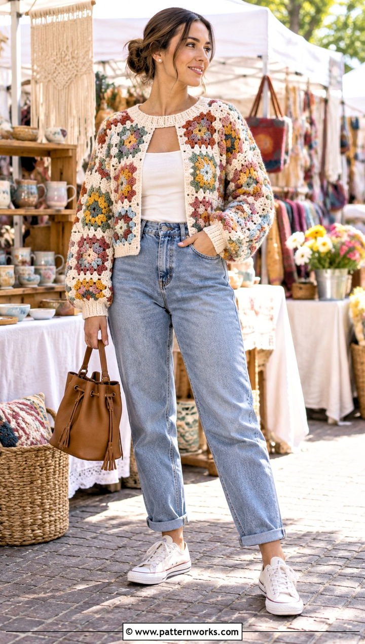 Granny Square Crochet Raglan Sweater With Mom Jeans - 30 crochet raglan sweater outfit ideas