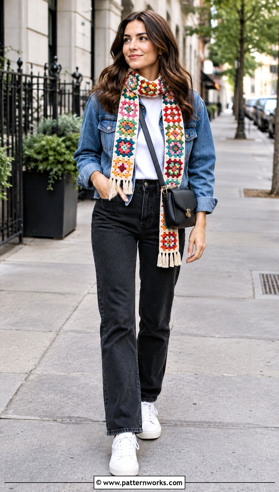 Granny Square Crochet Scarf With Denim Jacket - 24 super crochet scarf outfit ideas