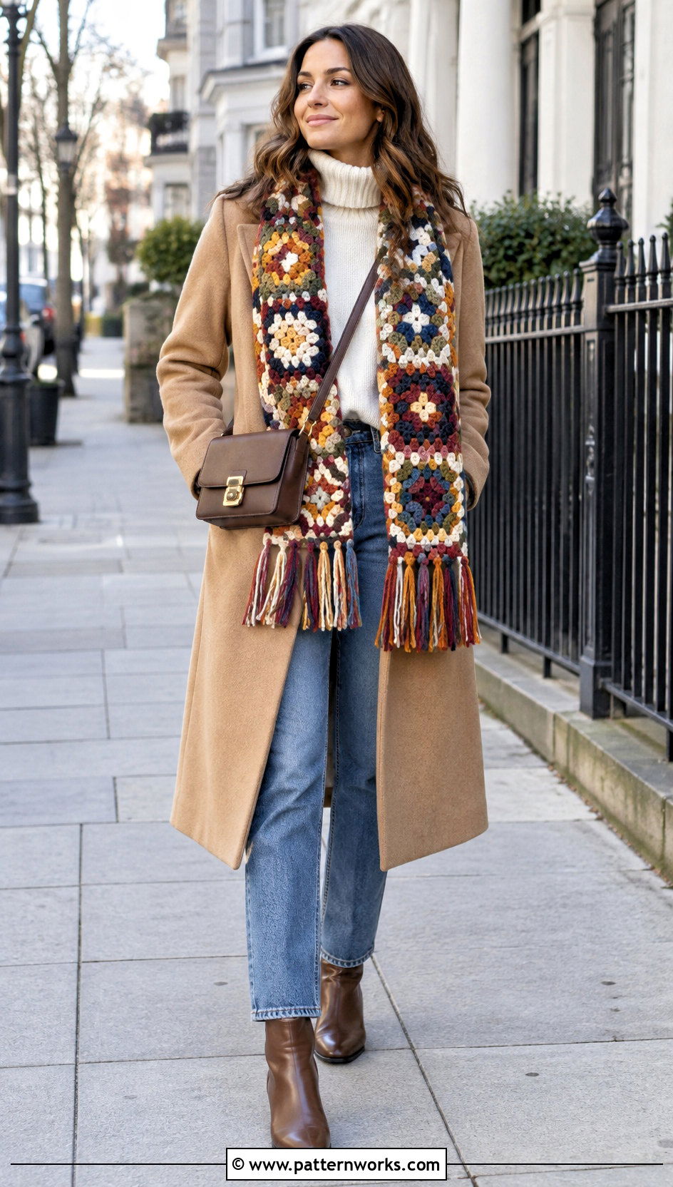 Granny Square Crochet Scarf With Wool Coat And Jeans - 30 Winter Crochet Scarfs For Women outfit ideas