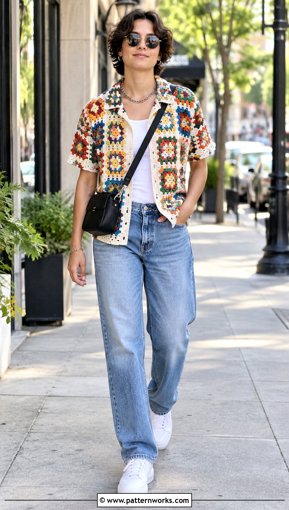 Granny Square Crochet Shirt Outfit With Straight Leg Jeans - 30 crochet unisex shirt outfit ideas