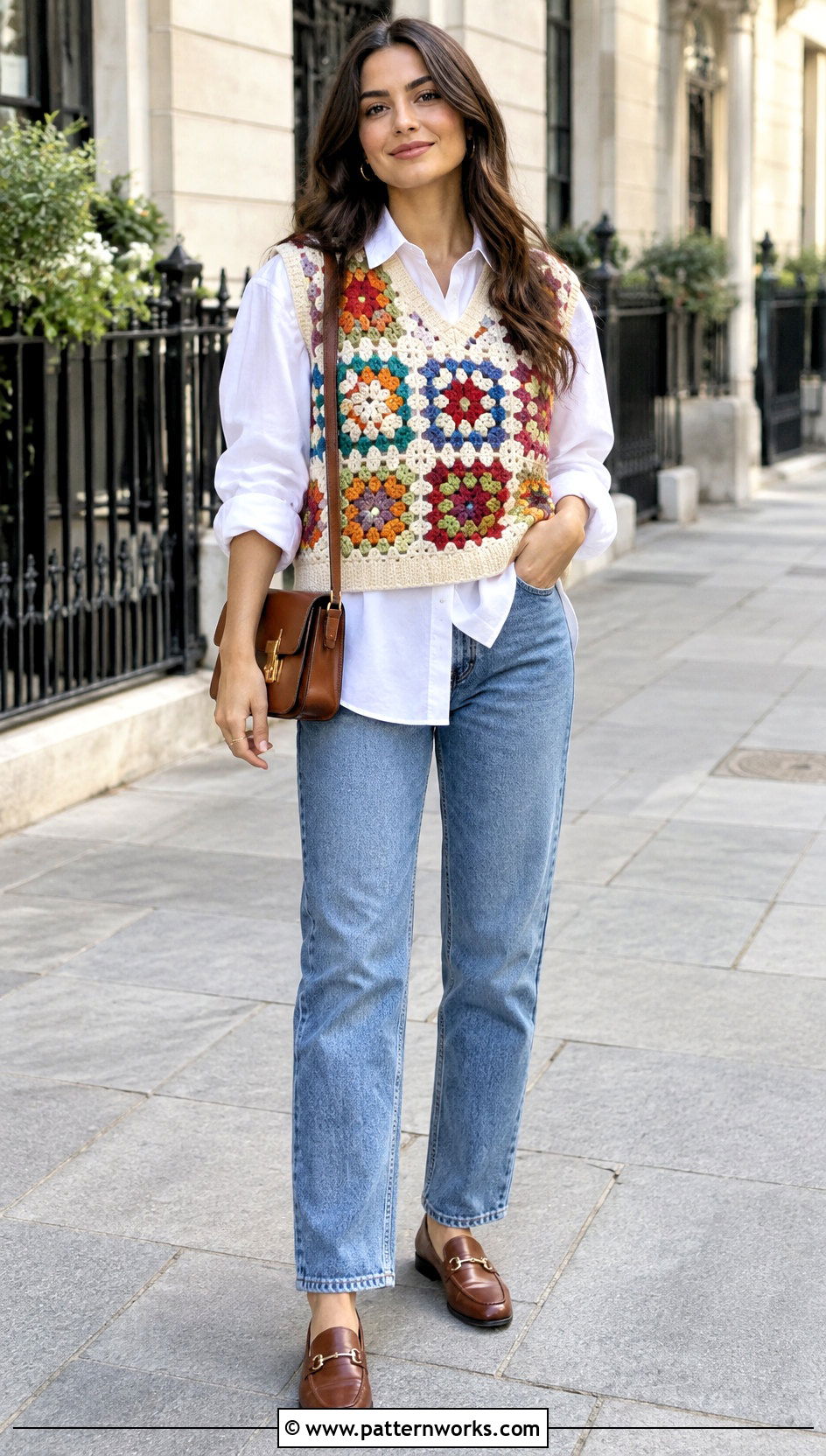 Granny Square Crochet Sweater Vest With White Shirt And Jeans - 18 Handmade Crochet Sweater Vest outfit ideas