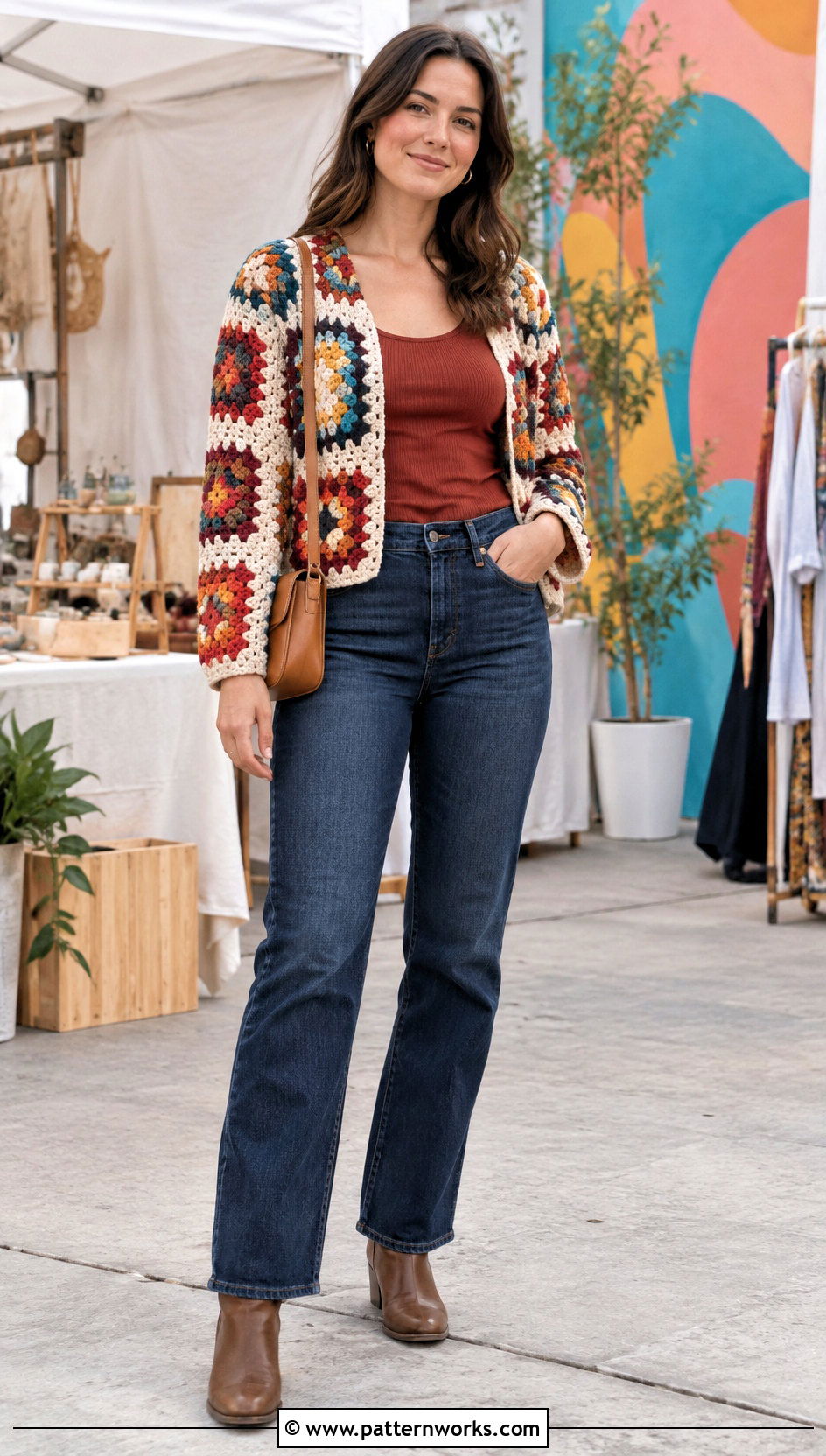 Granny Square Crochet Sweater With Denim - 24 Basic Crochet Sweater outfit ideas