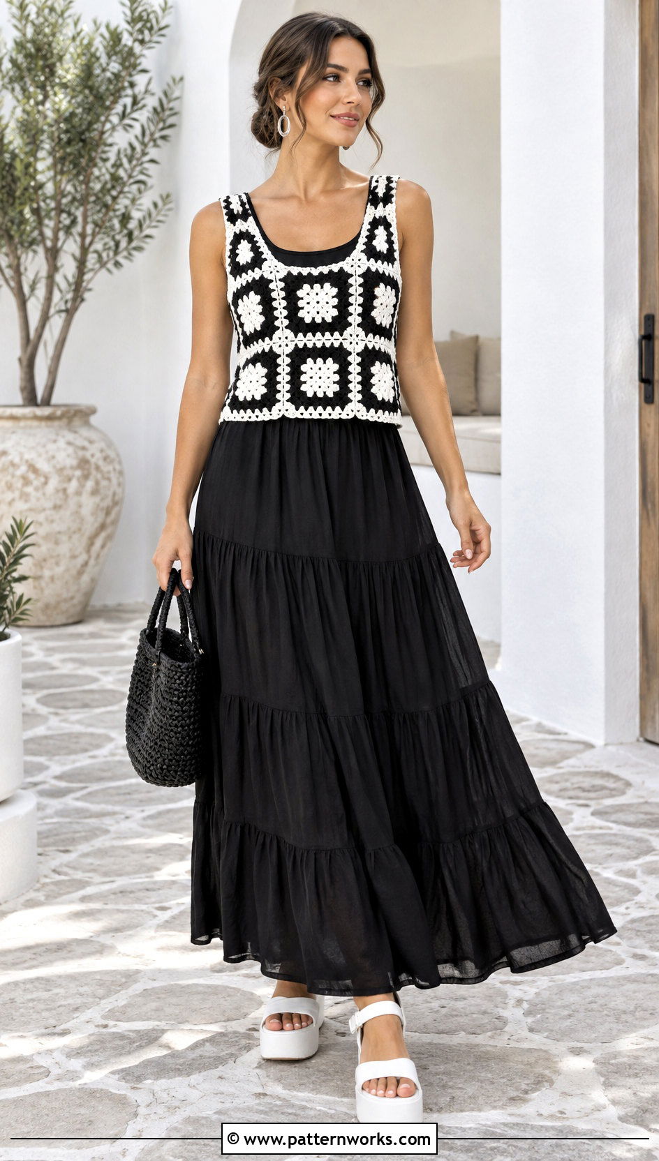 Granny Square Crochet Top With Black Maxi Skirt - 30 black and white crochet top outfit ideas