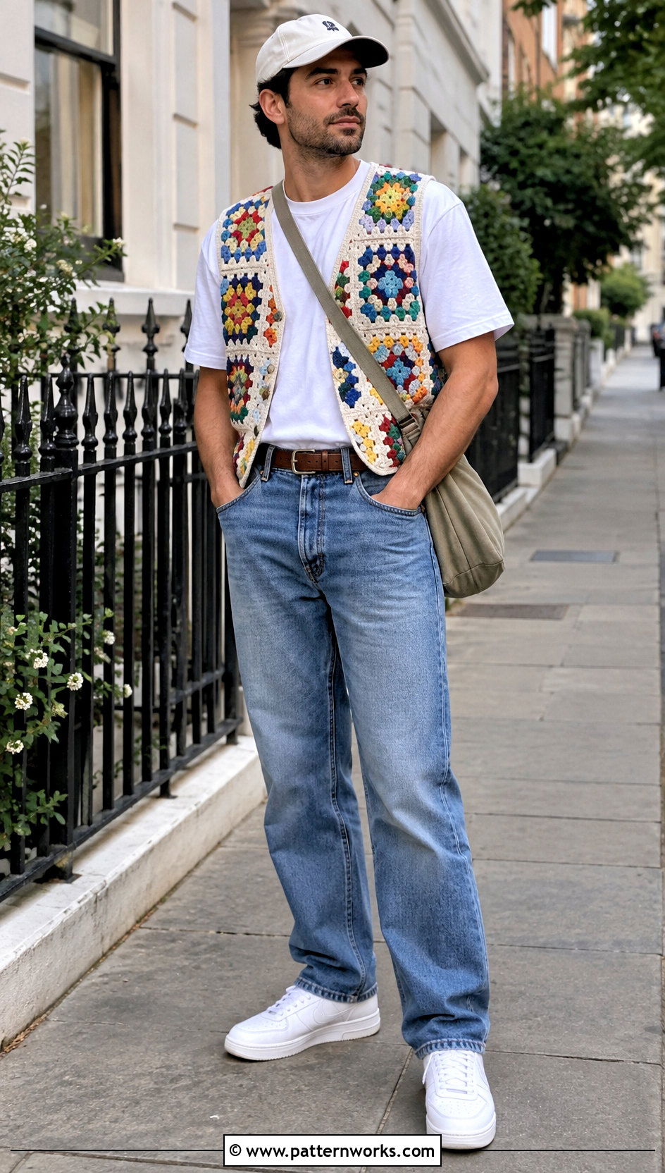 Granny Square Crochet Vest With White T Shirt And Jeans - 30 crochet vest for men outfit ideas