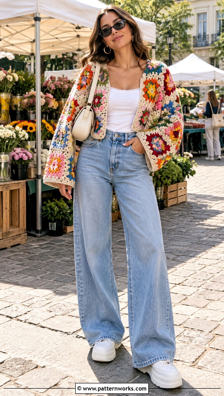 Granny Square Crop Crochet Sweater With Wide Leg Jeans - 30 crop crochet sweater outfit ideas