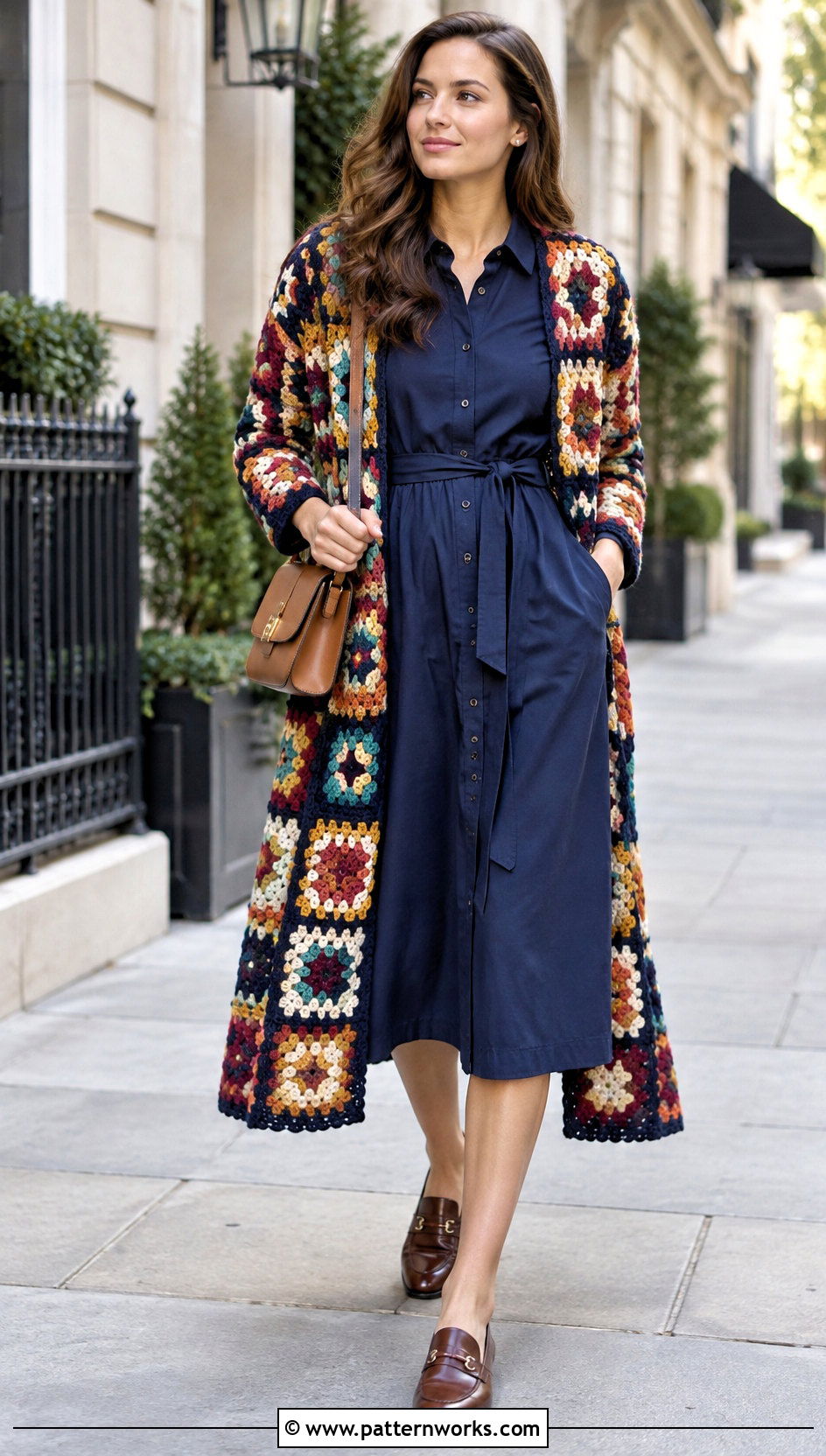 Granny Square Duster With Belted Shirt Dress - 30 granny square duster outfit ideas