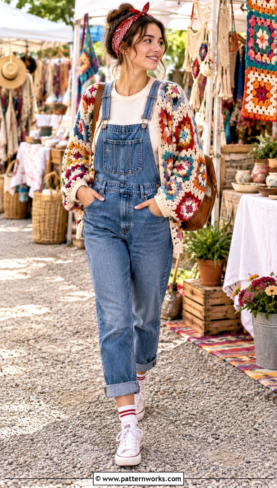 Granny Square Grandpa Crochet Sweater With Denim Overalls - 18 Grandpa Crochet Sweater outfit ideas