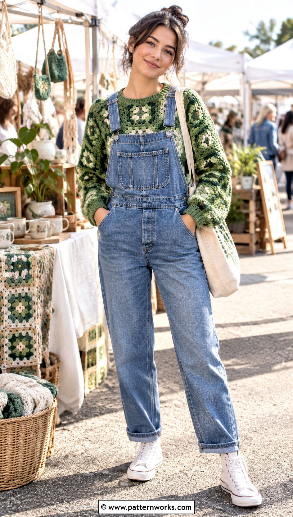 Granny Square Green Crochet Jumper With Overalls - 24 green crochet jumper outfit ideas