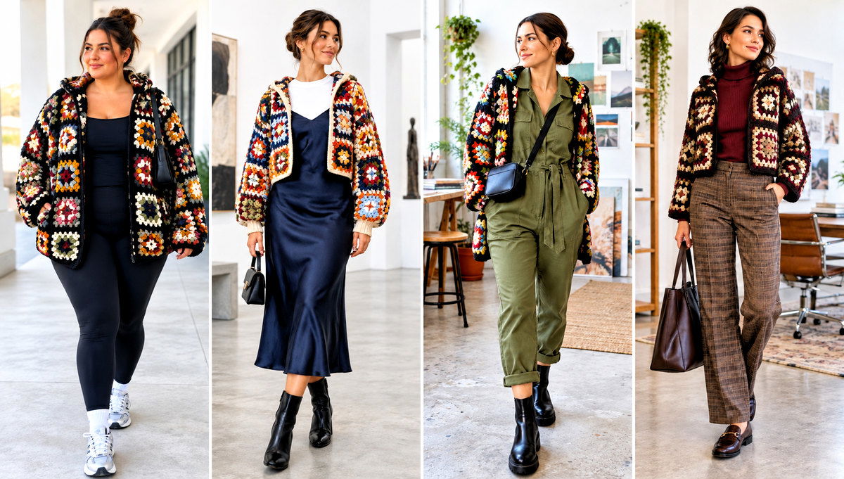 24 Granny Square Hooded Jacket Outfit Ideas for Chilly Days