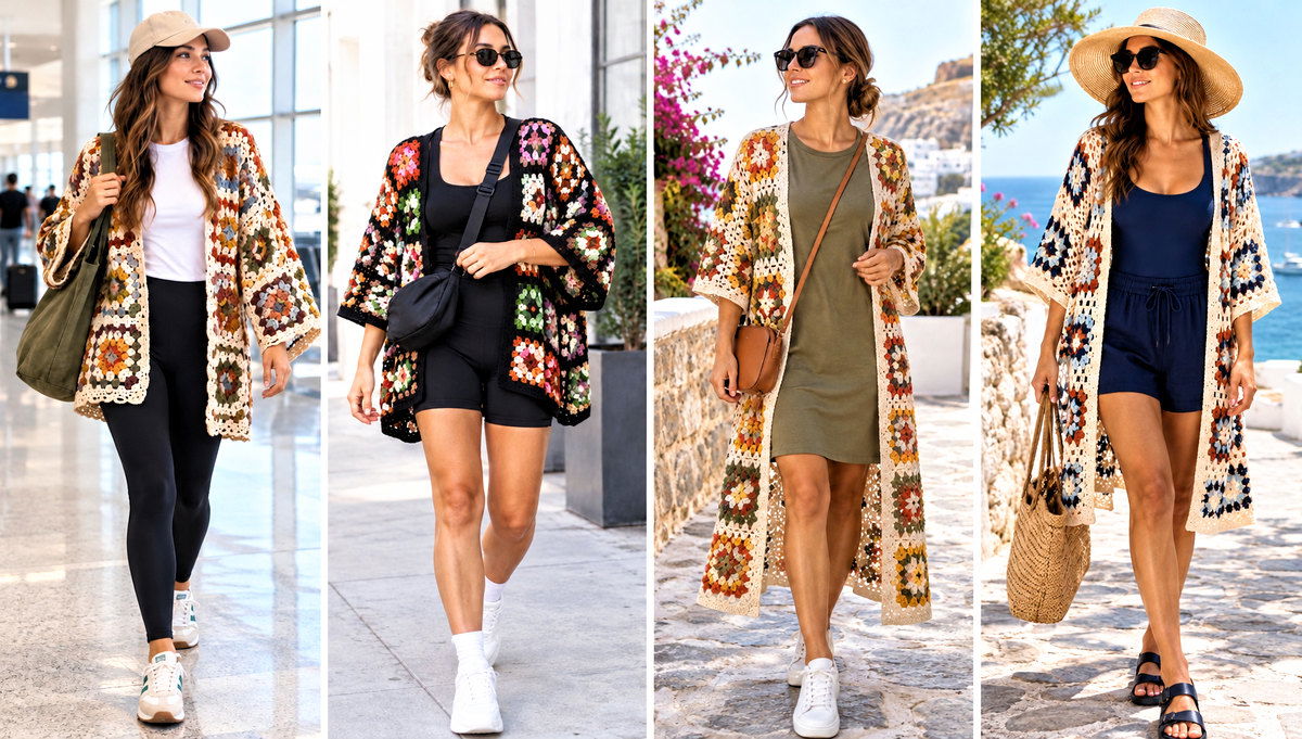 30 Granny Square Kimono Outfit Ideas for Breezy Layers