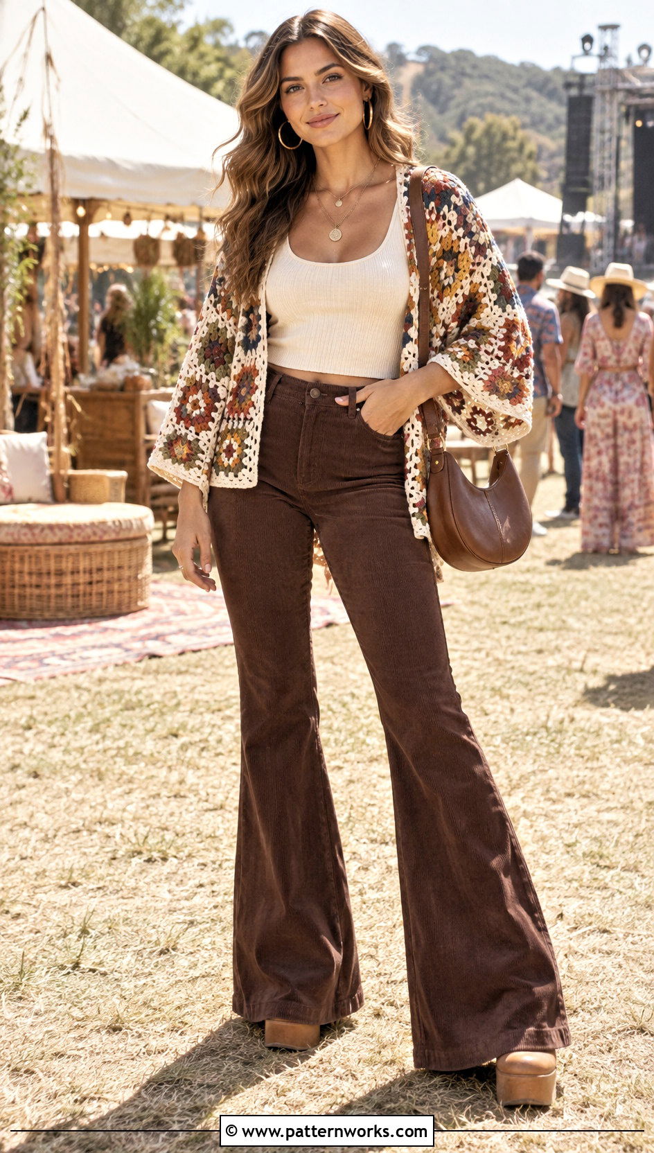 Granny Square Kimono Outfit With Flared Pants - 18 crochet granny square kimono outfit ideas