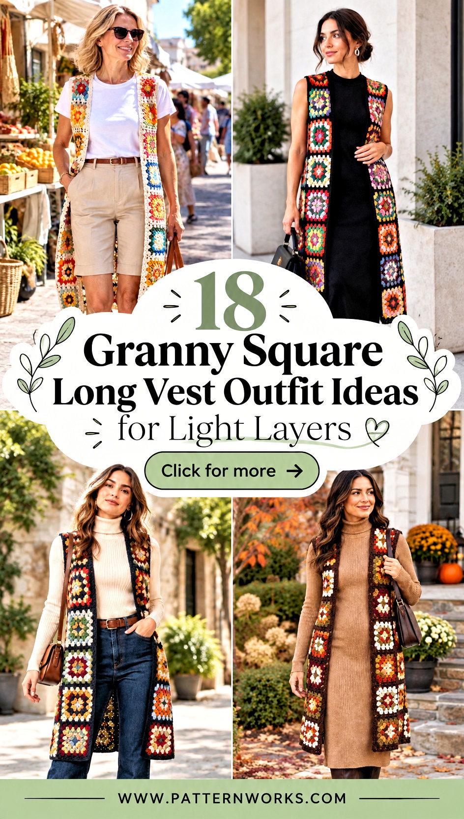 18 Granny Square Long Vest Outfit Ideas for Light Layers - 18 Granny Square Long Vest Outfit Ideas for Light Layers