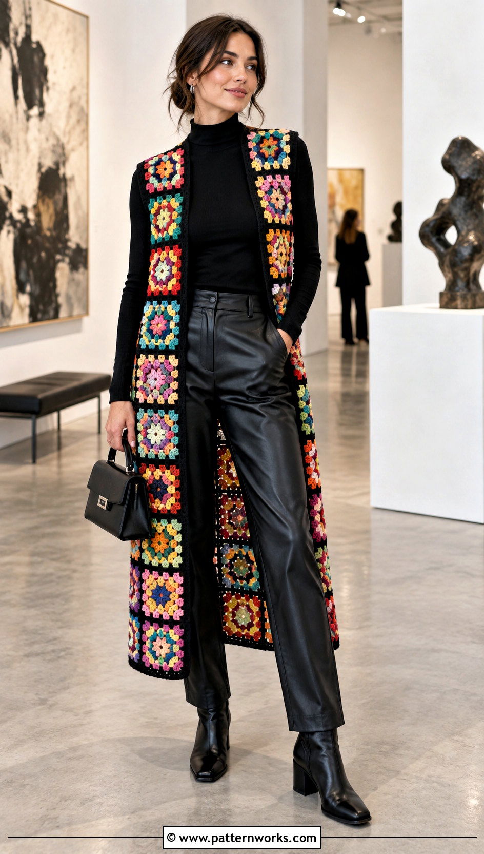 Granny Square Long Vest With Black Top And Leather Look Pants - 18 Granny Square Long Vest outfit ideas