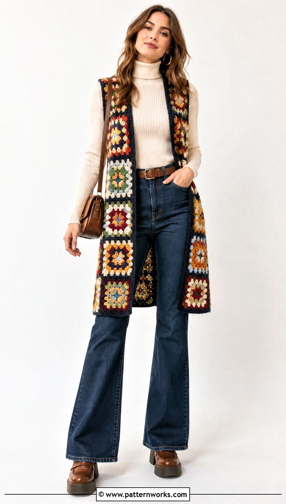 Granny Square Long Vest With Turtleneck And Flared Jeans - 18 Granny Square Long Vest outfit ideas