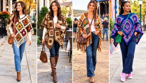 30 Granny Square Poncho Outfit Ideas for Crisp Fall Days