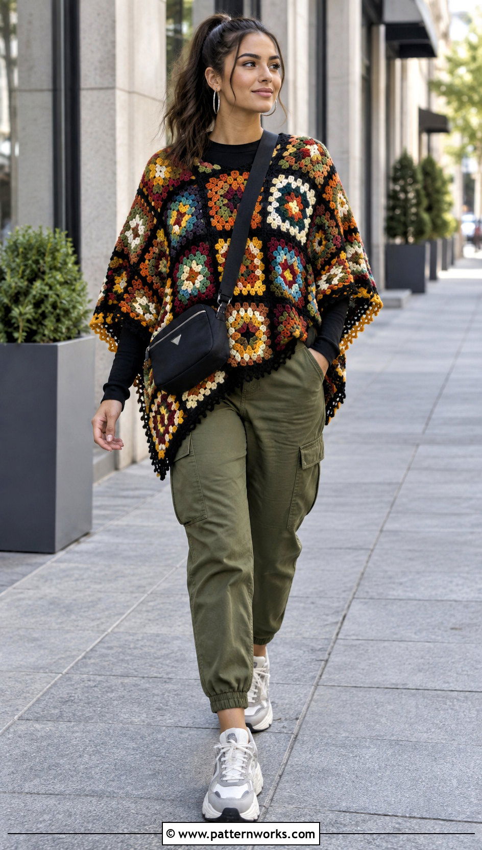 Granny Square Poncho With Cargo Pants - 18 easy granny square poncho outfit ideas