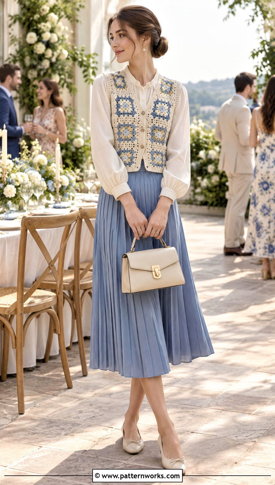 Granny Square Sleeveless Cardigan With Blouse And Pleated Skirt - 24 granny square sleeveless cardigan outfit ideas