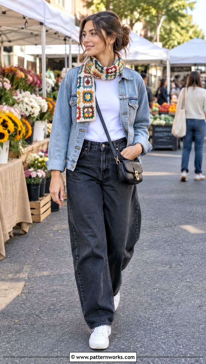 Granny Square Small Neck Crochet Scarf Outfit With Denim - 18 Small Neck Crochet Scarf outfit ideas