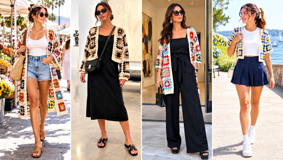 24 Granny Square Summer Cardigan Outfit Ideas for Evenings
